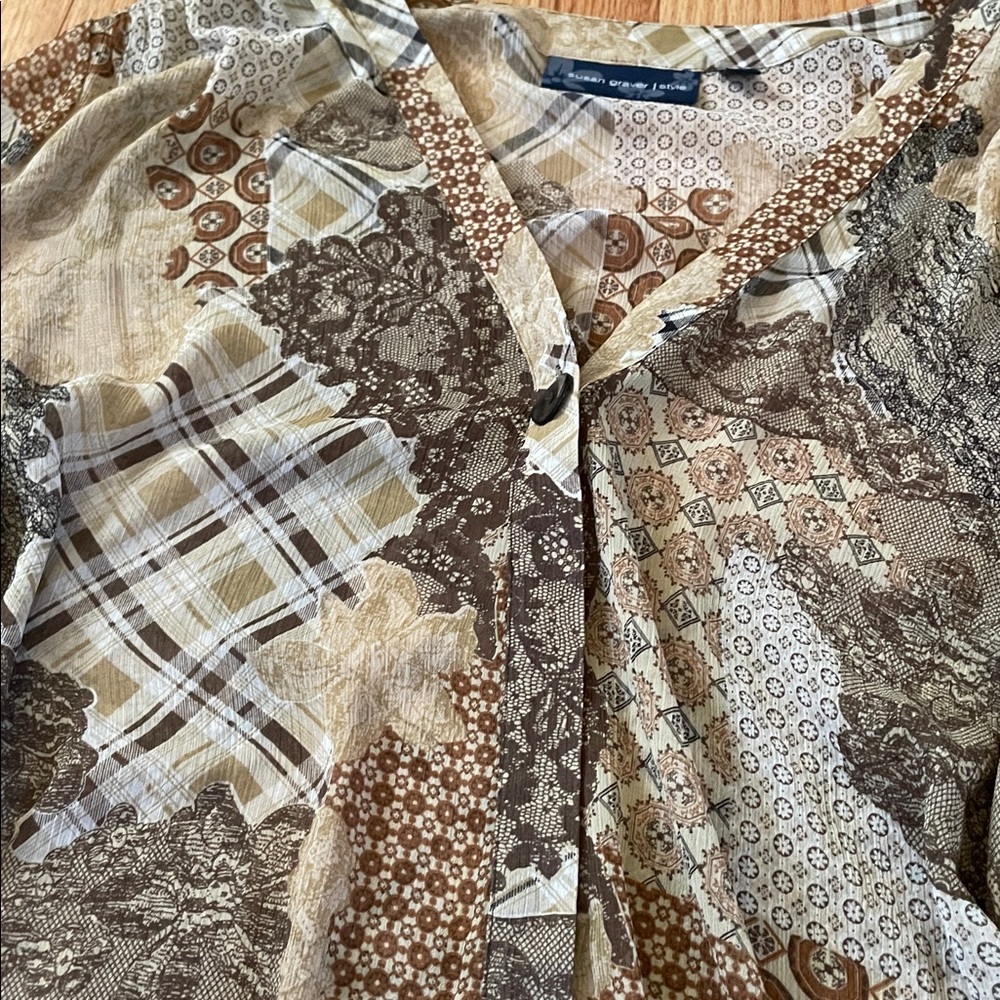 Susan Graver Top Womens 2x Brown Patchwork Print Button Up Boho Coastal Casual - Picture 3 of 10